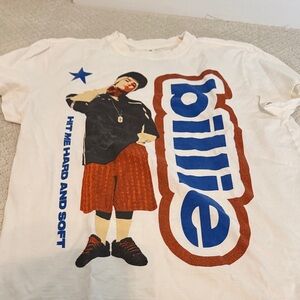 White Graphic Short Sleeve Tee with Blue & Brown Print